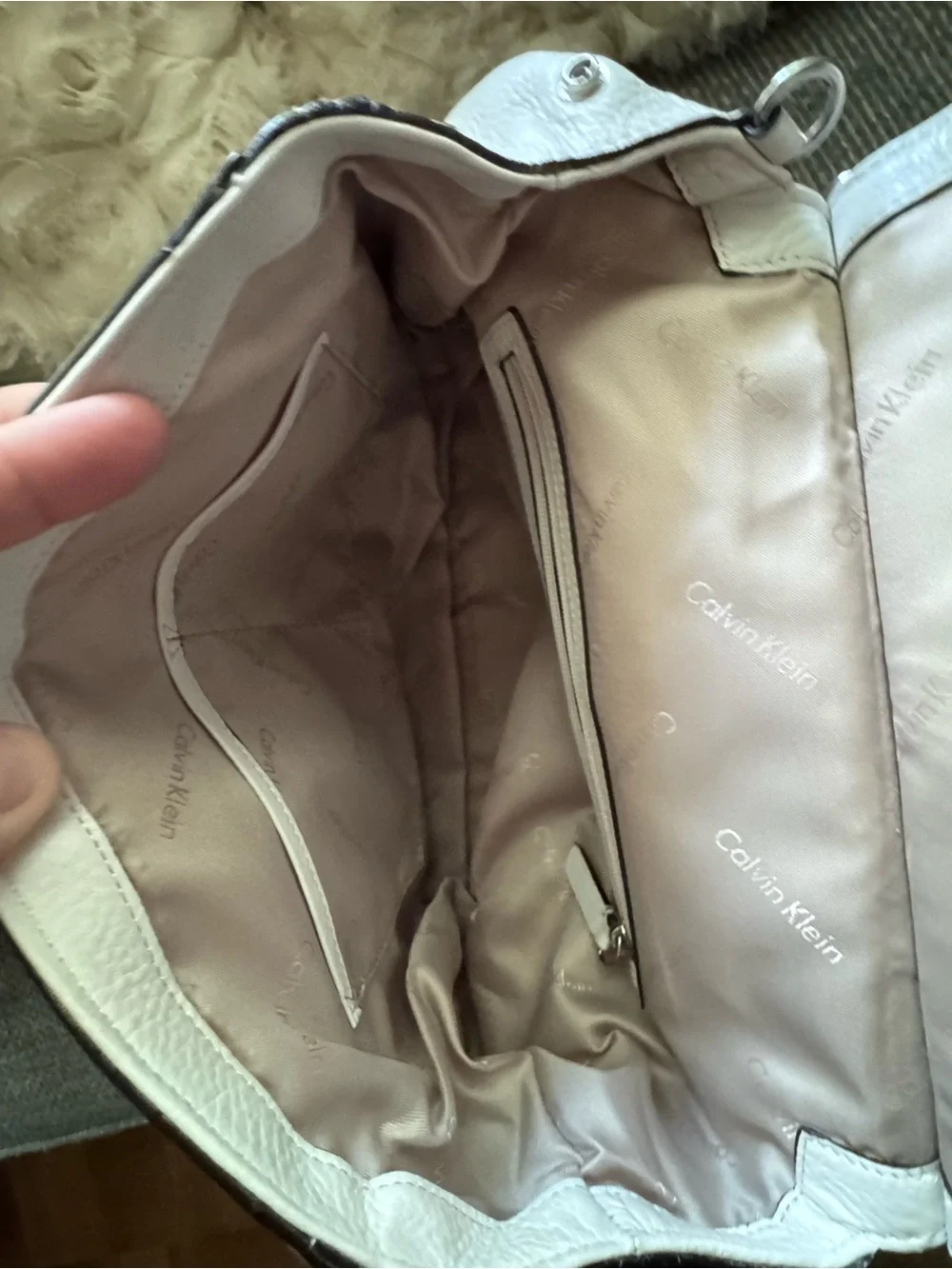 Ivory Pebbled Leather Satchel Shoulder Bag with Pink Trim